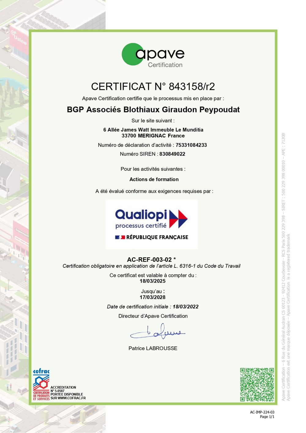 Certificat Qualiopi n° 843158/r2 délivré à BGP Associés par Apave Certification, valable du 18 mars 2025 au 17 mars 2028.