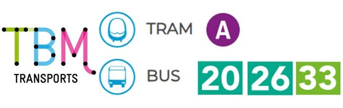 Accès en transports TBM : Tram A, Bus 20, 26 et 33